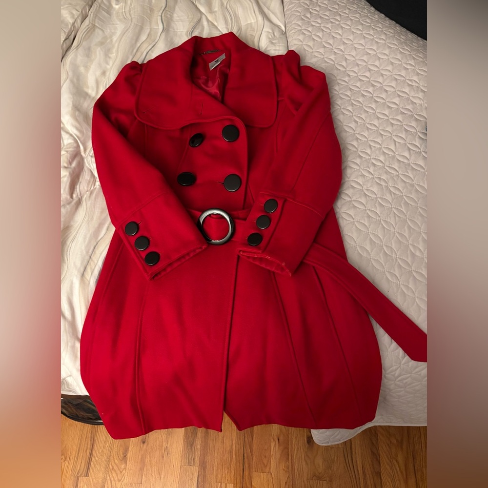 Worthington Vibrant Red Trench Coat with Black Accents